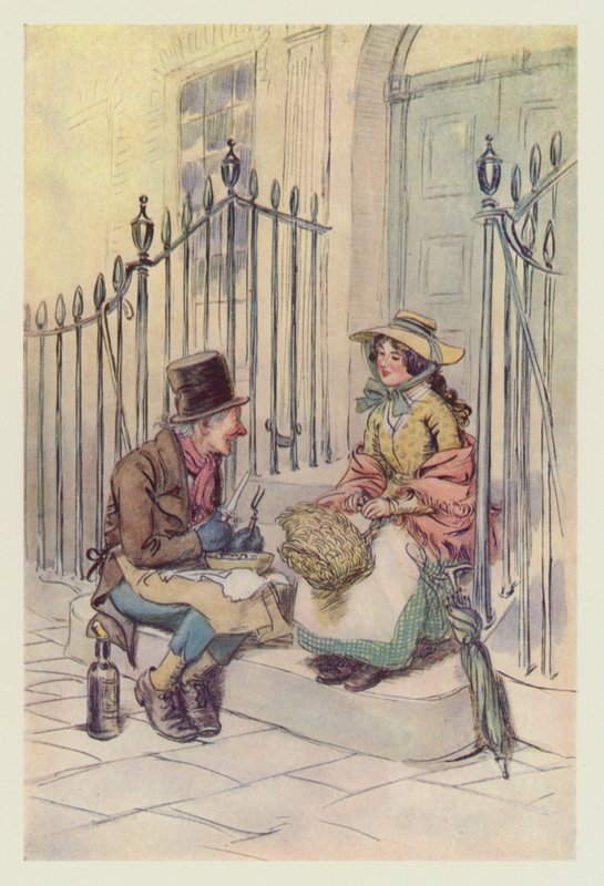 Trotty Veck, kızı Meg ile merdivenlerde yemek yiyor (renkli taş) by Hugh Thomson