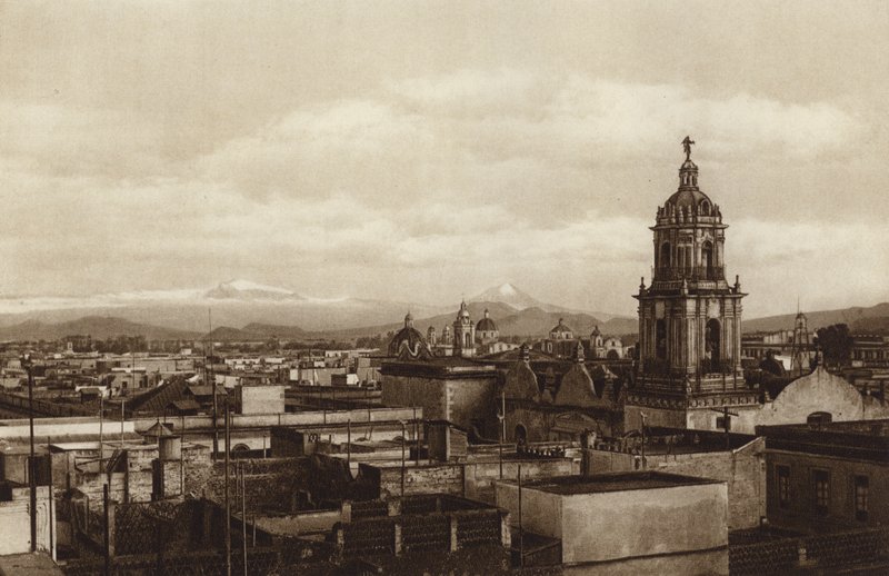 Meksika: Başkent Mejico, Doğudan kısmi görünüm (b/w fotoğraf) by Hugo Brehme