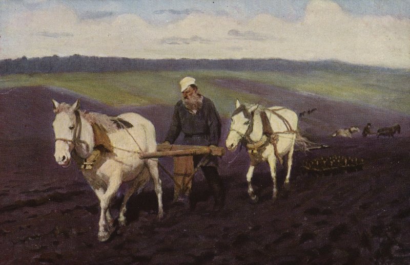 Rus yazar Leo Tolstoy tarlaları sürüyor, c1887 by Ilya Efimovich Repin