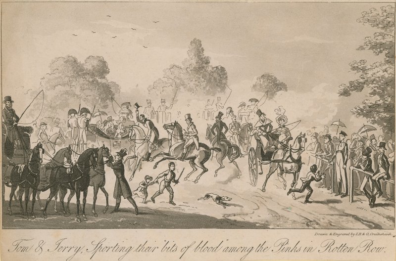 Tom ve Jerry, Rotten Row'daki pembeler arasında kan parçalarıyla oynuyorlar. by Isaac, Robert and George Cruikshank