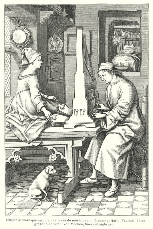 15. yüzyılın sonlarında portatif bir org çalan Alman müzisyen (lito) by Israel van (after) Mecken