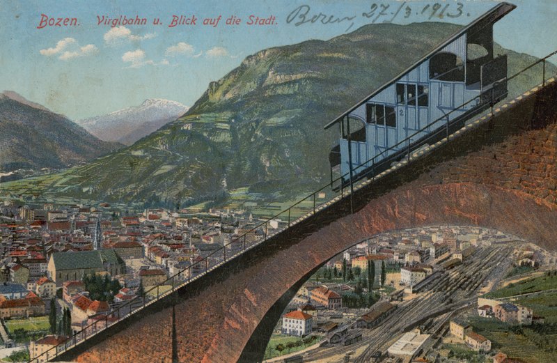 Bolzano - füniküler demiryolu ve şehir manzarası. 1913 yılında gönderilen kartpostal. by Italian Photographer