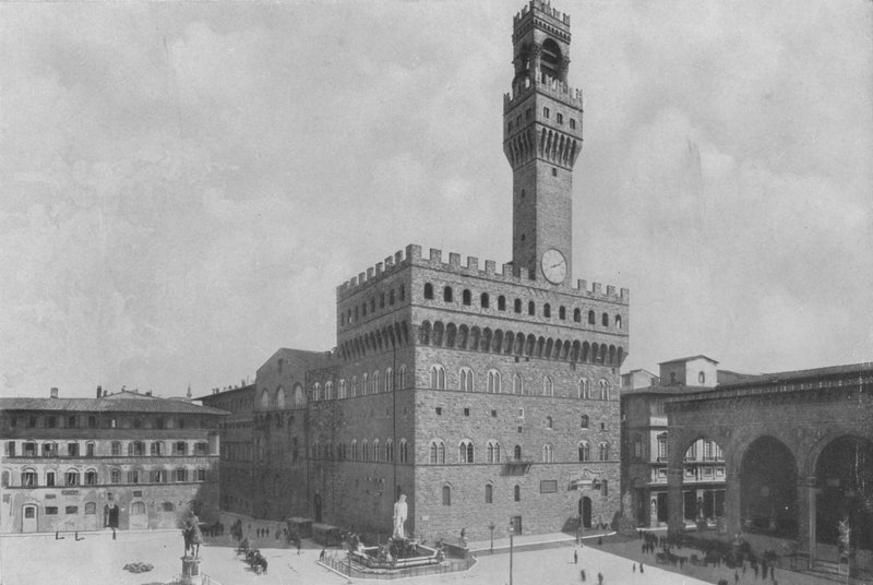 Floransa, Palazzo Vecchio ile Piazza della Signoria (s / b fotoğraf) by Italian Photographer