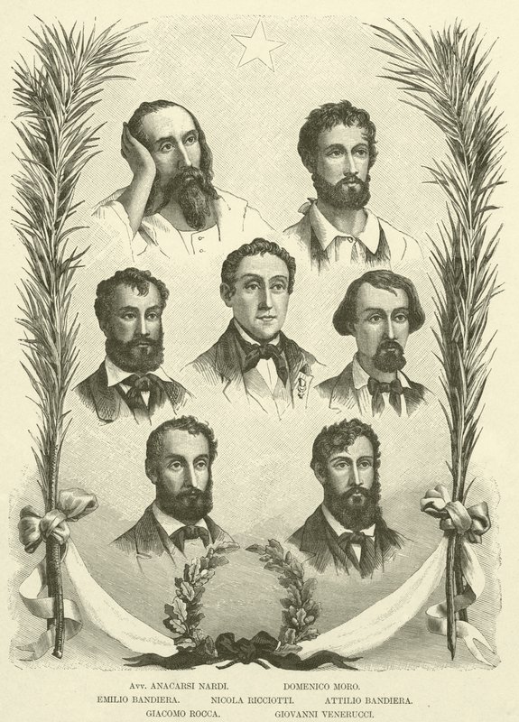 Avv Anacarsi Nardi, Domenico Moro, Emilio Bandiera, Nicola Ricciotti, Attilio Bandiera, Giacomo Rocca, Giovanni Venerucci (gravür) by Italian School