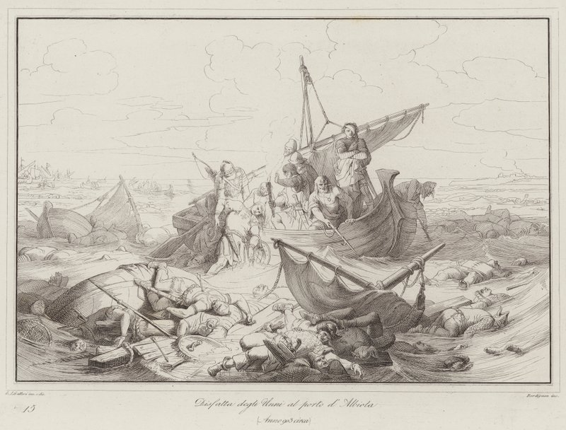 Albiola limanında Hunların yenilgisi, 903 (gravür) by Italian School
