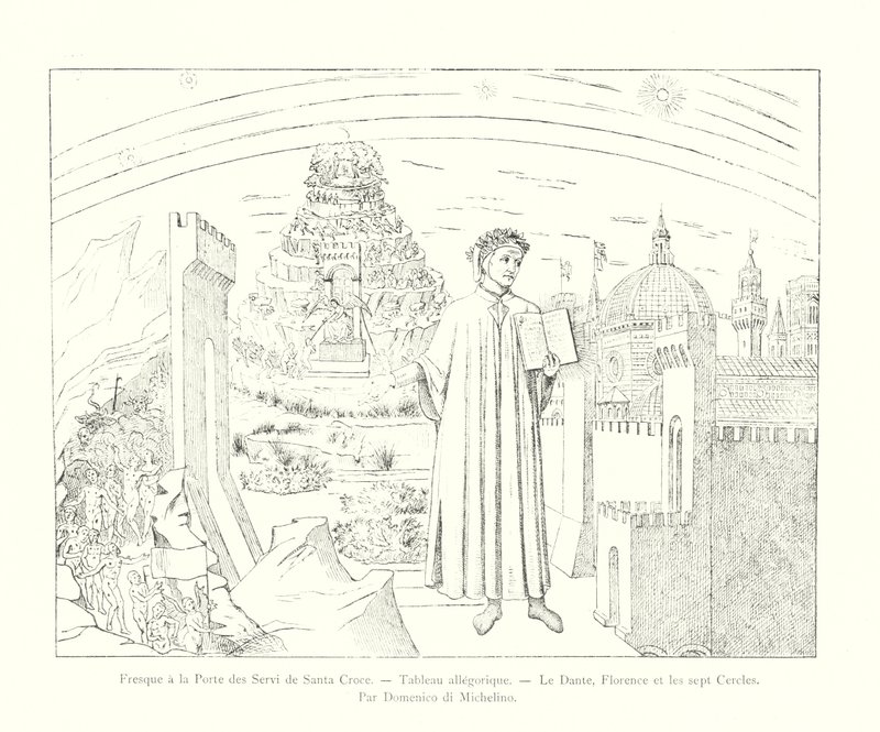 Santa Croce Servi Kapısında Fresk, Alegorik Resim, Dante, Floransa ve Yedi Çember, Domenico di Michelino (gravür) by Italian School