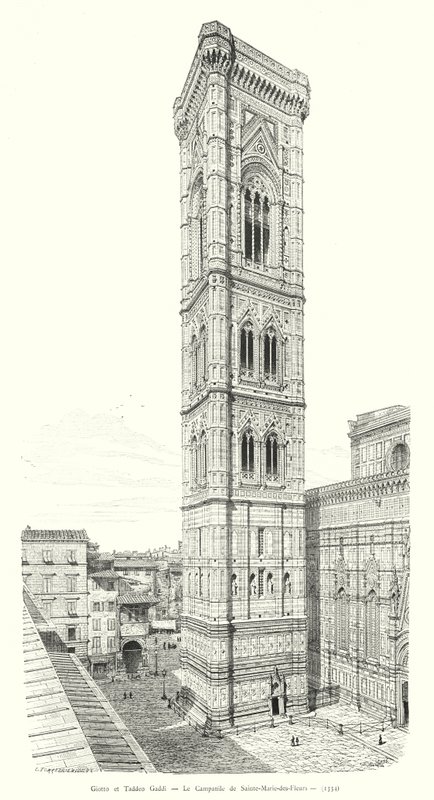 Giotto ve Taddeo Gaddi, The Campanile of Sainte-Marie-des-Fleurs (gravür) by Italian School