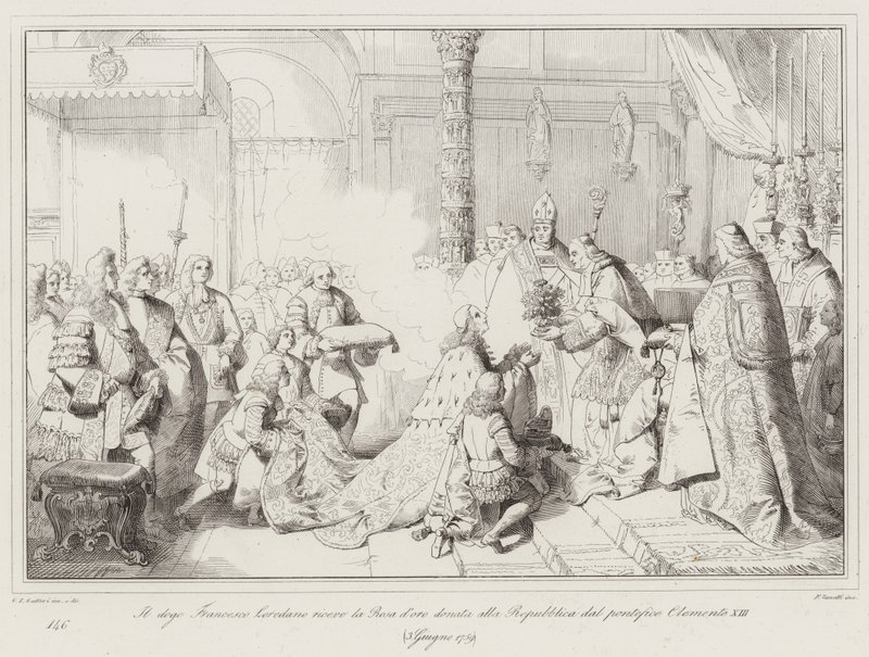 Doge Francesco Loredano, Papa Clement XIII tarafından Cumhuriyete bağışlanan Altın Gül
