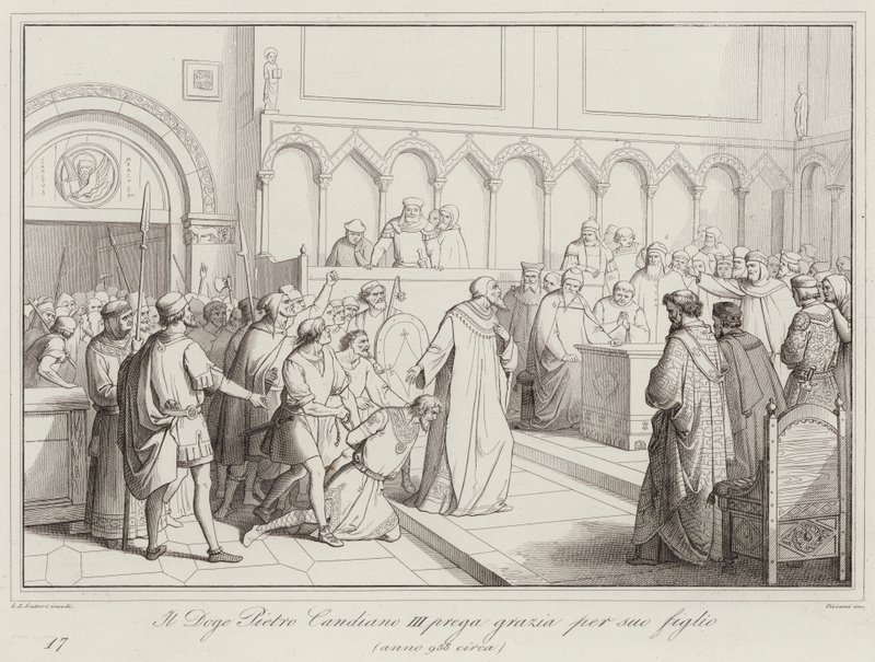 Doge Pietro Candiano III, oğlu 958 için lütuf için dua ediyor (gravür) by Italian School