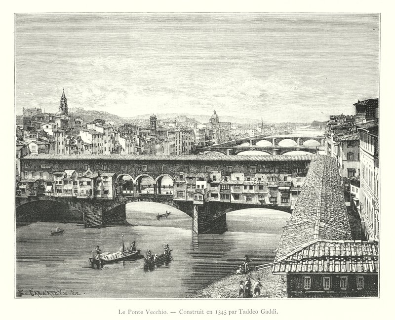 Taddeo Gaddi tarafından 1345 yılında inşa edilen Ponte Vecchio (gravür) by Italian School