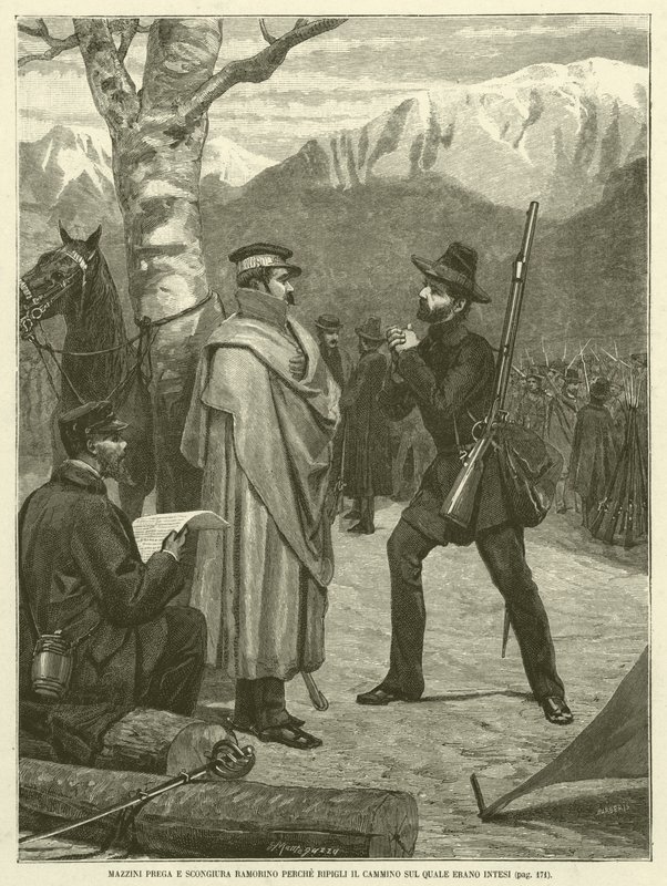Mazzini, Ramorino'ya Amaçlanan Yola Devam Etmesi İçin Dua Ediyor ve Çağırıyor (gravür) by Italian School