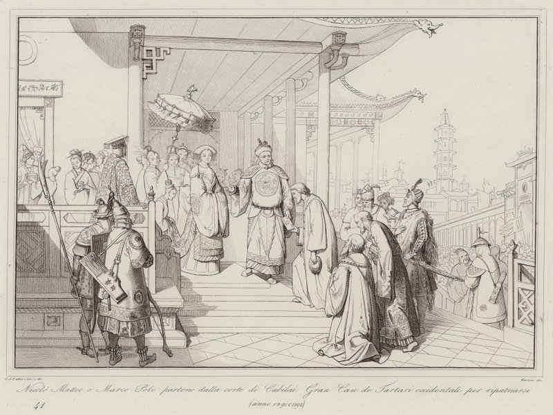 Nicolo Matteo ve Marco Polo, Cubilai Gran Can de Western Tartars mahkemesinden ülkelerine geri dönmek için ayrıldı by Italian School