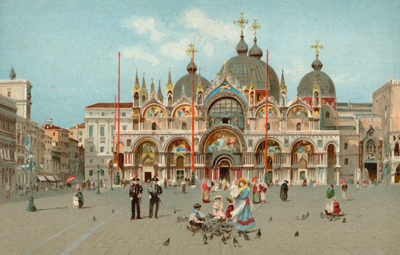 San Marco Meydanı ve San Marco Bazilikası, Venedik, İtalya (chromolitho) by Italian School