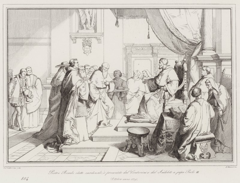 Pietro Bembo kardinal seçildi ve Contarini ve Sadoleto tarafından Papa III. by Italian School