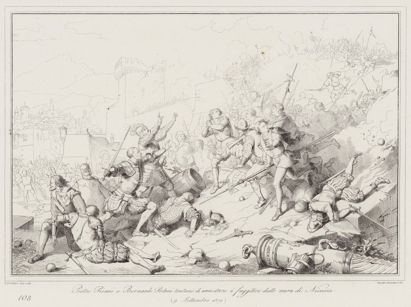 Pietro Pisani ve Bernardo Polani, kaçakları Lefkoşa surlarından tutuklamaya çalışıyor by Italian School