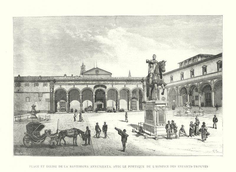 Hospice des Enfants-Trouves Portikosu ile Santissima Annunziata Meydanı ve Kilisesi (gravür) by Italian School