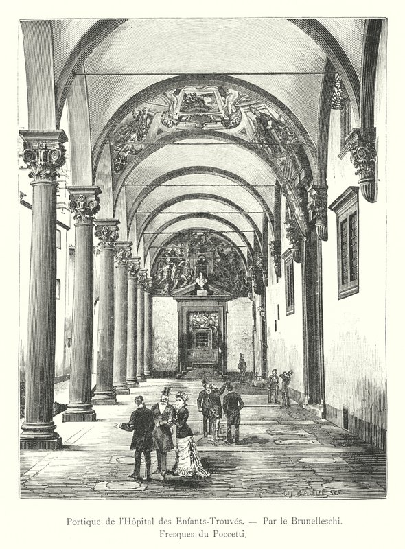 Foundling Hastanesi Portiko, Brunelleschi tarafından, Poccetti tarafından freskler (gravür) by Italian School