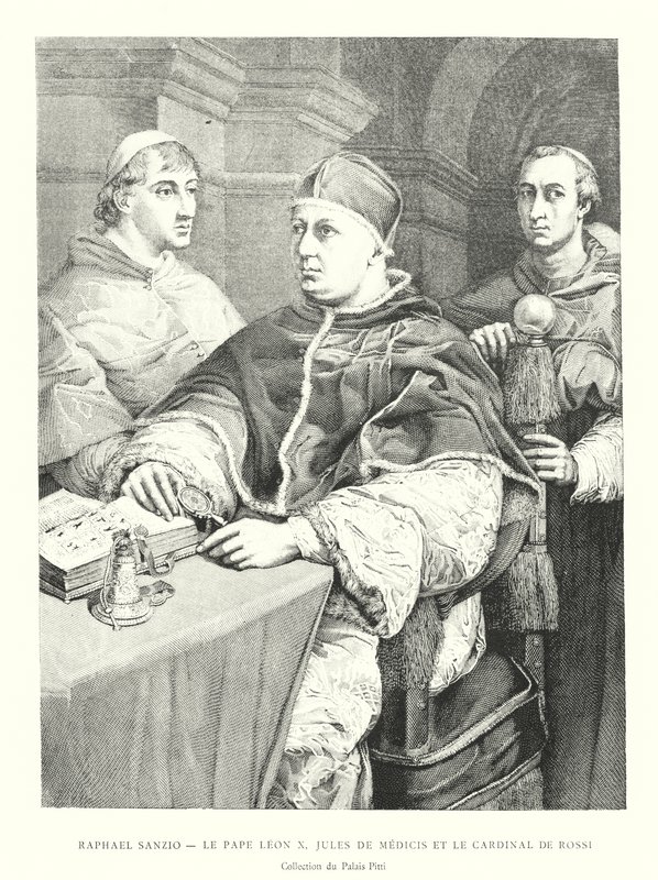 Raphael Sanzio, Papa Leon X, Julius de Medici ve Kardinal de Rossi, Pitti Sarayı Koleksiyonu (gravür) by Italian School