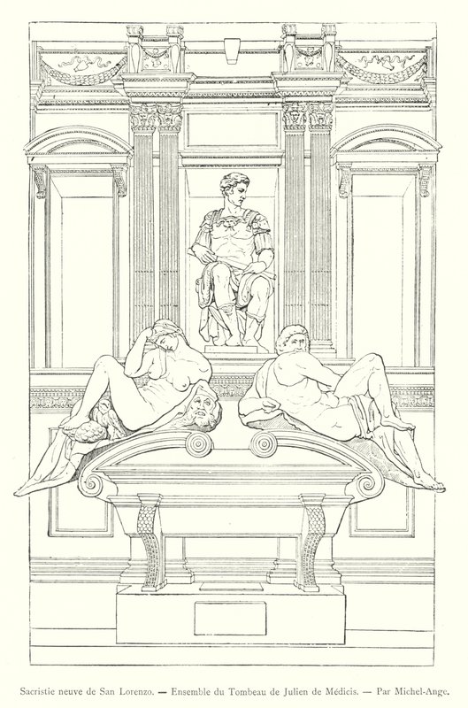 San Lorenzo'nun Yeni Sacristy'si, Giuliano de Medici'nin Mezarı Topluluğu, Michelangelo tarafından (gravür) by Italian School