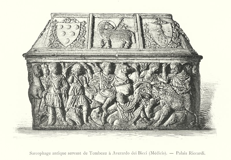 Averardo dei Bicci, Medicis, Riccardi Sarayı (gravür) için bir mezar olarak hizmet veren antik lahit by Italian School