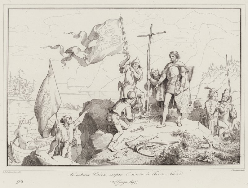 Sebastiano Caboto, Terra Nuova adasını keşfeder by Italian School