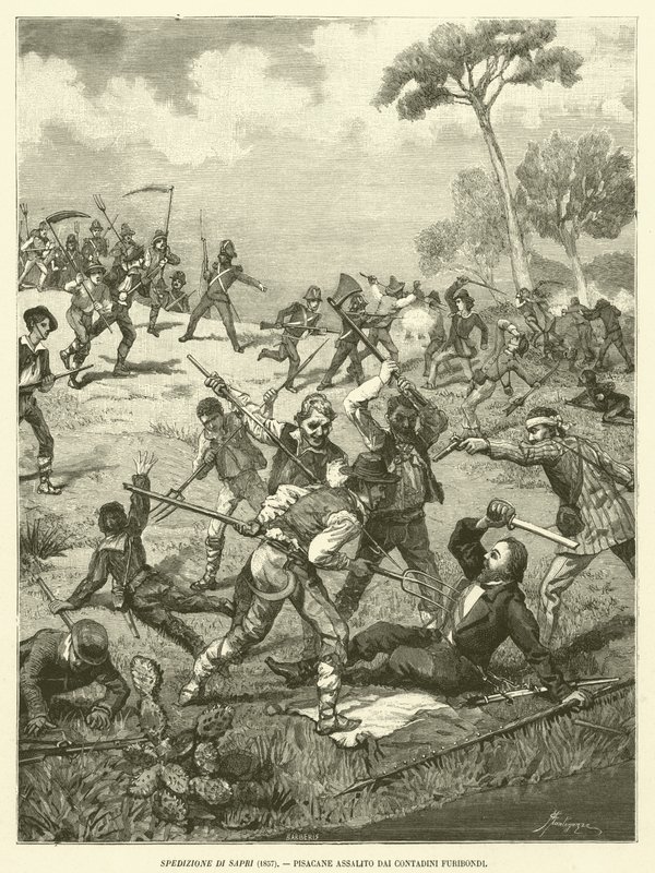 Sapri Seferi (1857), Öfkeli Köylüler Tarafından Saldırıya Uğrayan Pisacane (gravür) by Italian School