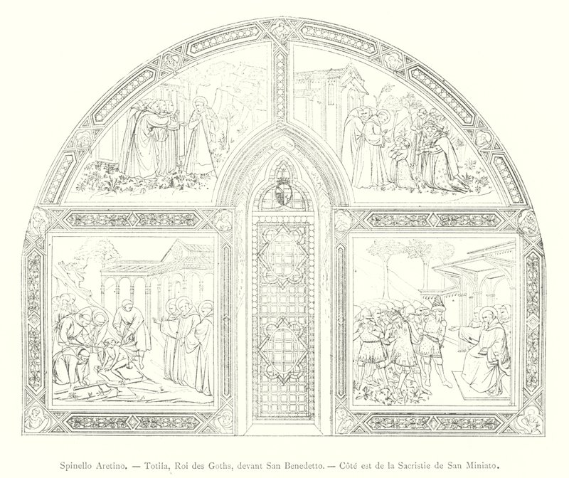 Spinello Aretino, Totila, Gotların Kralı, San Benedetto'nun önünde, San Miniato Sacristy'nin doğu tarafı (gravür) by Italian School