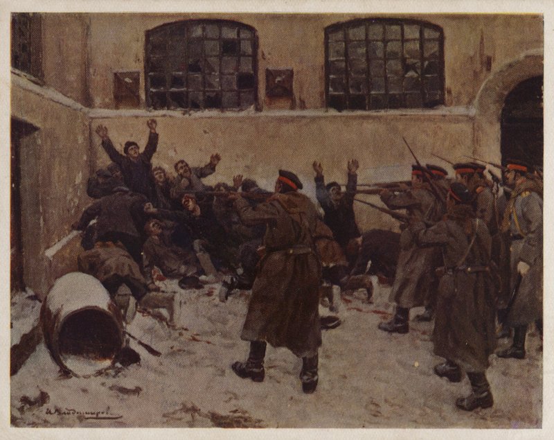 1905 Devrimi sırasında Moskova'nın Presnya semtinde göstericilere ateş eden Rus askerleri (renkli taş) by Ivan Alexeyevich (after) Vladimirov