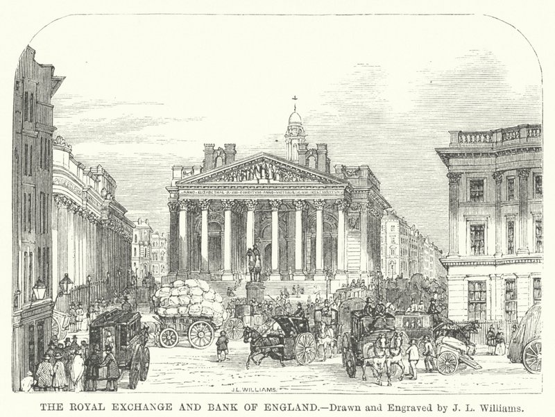 Kraliyet Borsası ve İngiltere Bankası (gravür) by J.L. (after) Williams