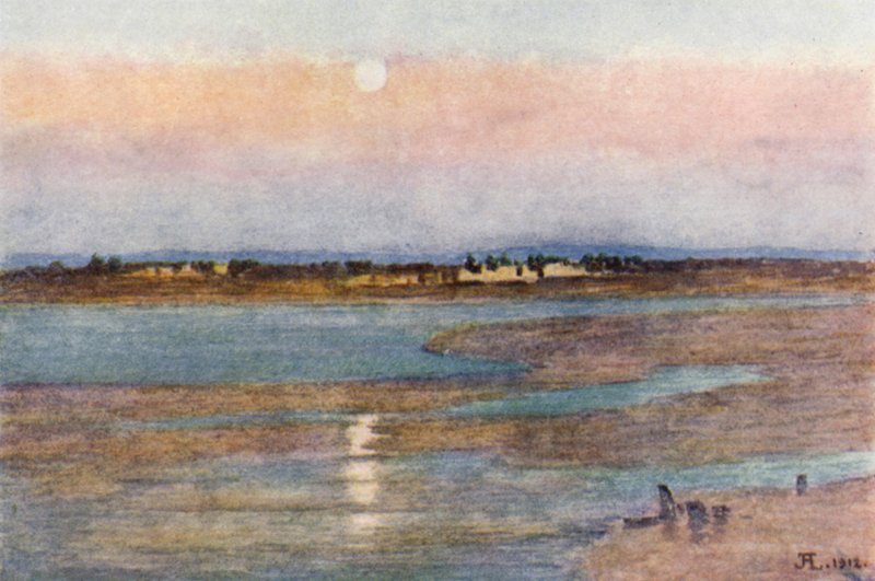 Gün Batımında Ayın Doğuşu, La Croix Blanche, Mont St Michel (renkli taş) by J. Hardwicke Lewis
