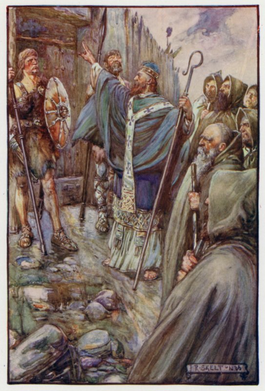 St Columba Haç işareti yaptı ve büyük kapılar ardına kadar açıldı. by J. R. Skelton