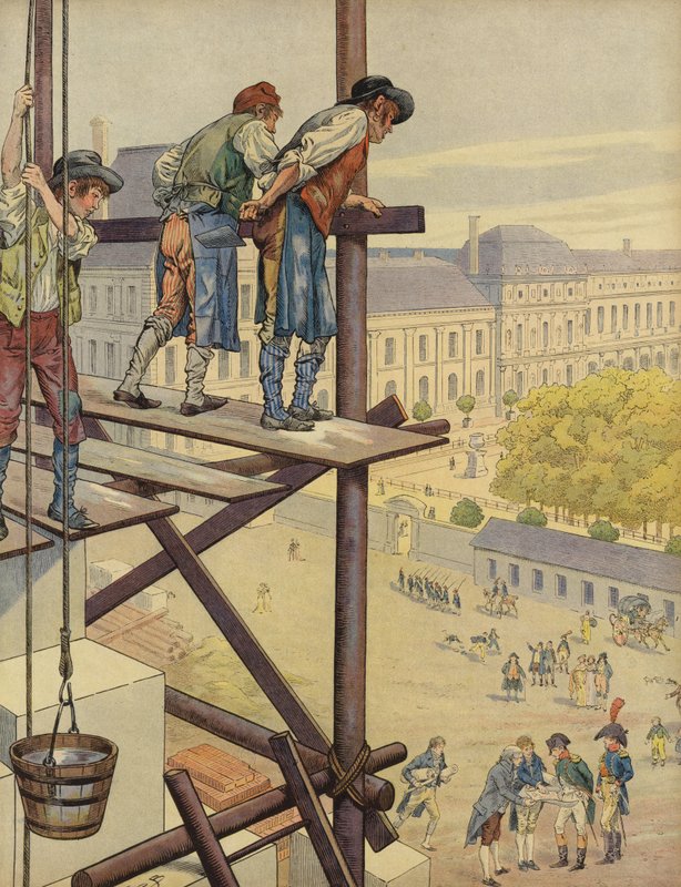 Construction workers look down from the scaffolding on the Place des Pyramides  by Jacques Marie Gaston Onfray de Breville (Job)