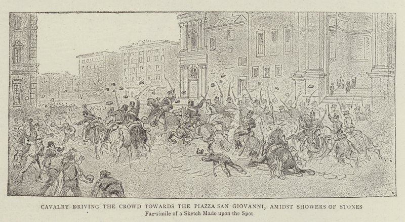 Süvari, Kalabalığı Taş Yağmuru'nun ortasında Piazza San Giovanni'ye doğru sürüyor by James A. Shearman