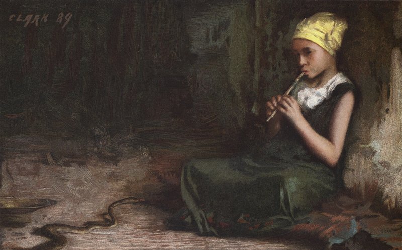 Bir yılanı büyüleyen kız (chromolitho) by James (after) Clark