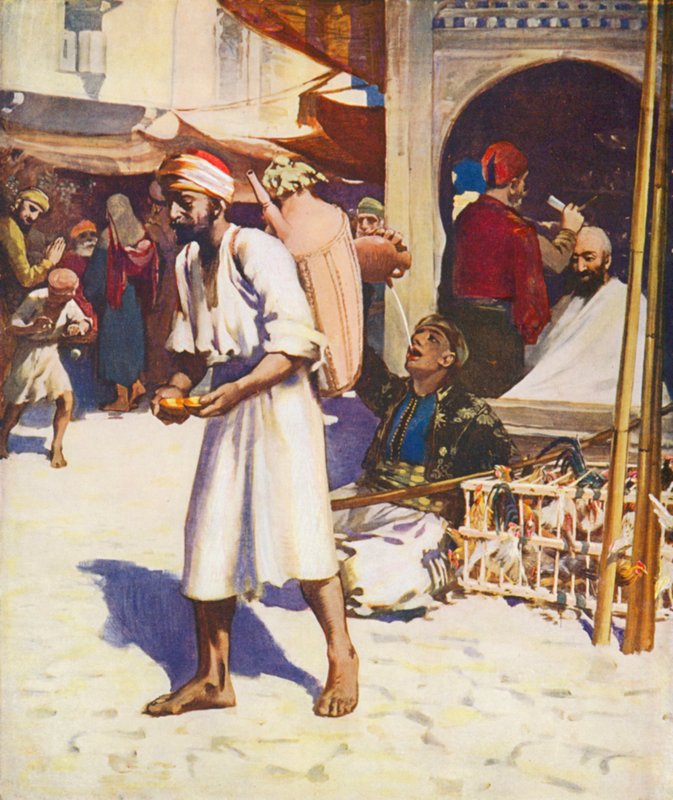 Kutsal Topraklar: Su satıcısı ve Filistin şehir hayatı (renkli litho) by James (after) Clark