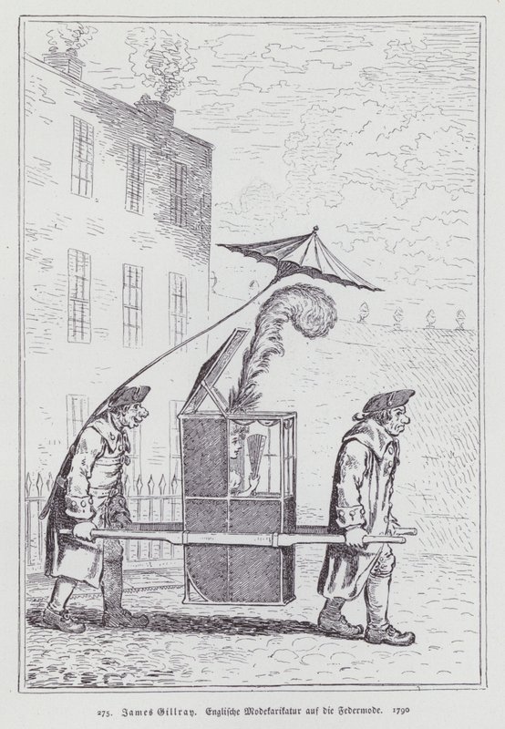 Tüylü başlık takan kadınların modasıyla alay eden İngiliz çizgi filmi by James (after) Gillray