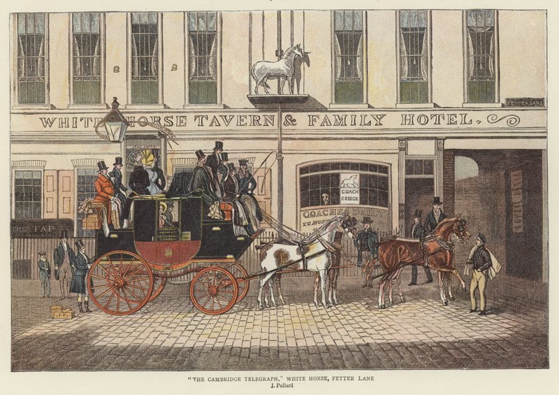 "Cambridge Telgraf", White Horse, Fetter Lane by James (after) Pollard