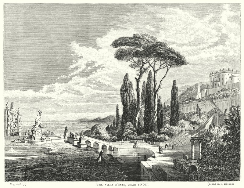 Tivoli yakınlarındaki Villa d'Este (gravür) by James Baker (after) Pyne