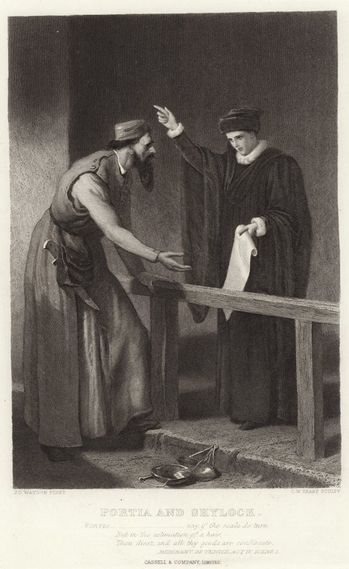 Portia ve Shylock, Venedik Taciri, IV. Perde, Sahne I by James Dawson Watson
