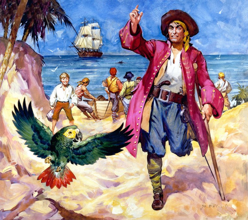 Uzun John Silver ve Papağanı (kağıt üzerine guaj) by James Edwin McConnell