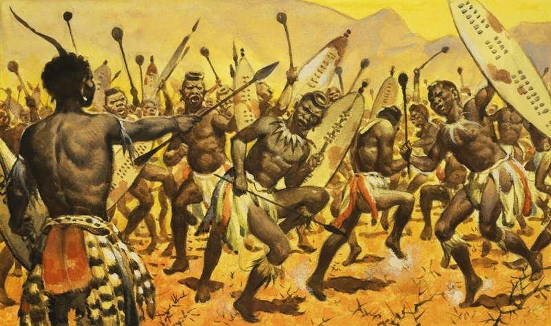 Zulu savaşçıları Shaka tarafından dikenli zeminde dans etmeye zorlanıyor by James Edwin McConnell
