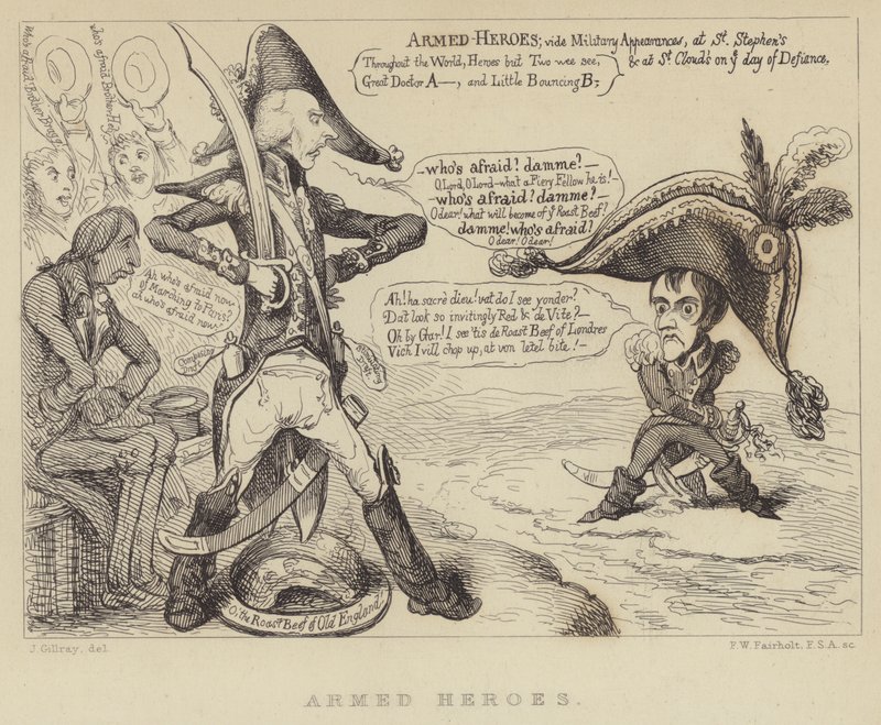 Silahlı Kahramanlar: İngiltere Başbakanı Henry Addington, Napolyon ve Fransız işgali tehdidiyle yüzleşiyor, 1803 by James Gillray