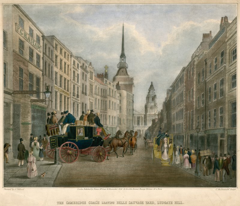 Cambridge Coach, Belle Sauvage Yard'dan ayrılıyor, Ludgate Hill, Londra by James Pollard