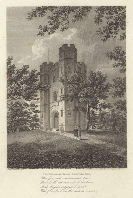 Robert Bloomfield, şair: The Triangular Tower, Shooters Hill (gravür) by James Storer