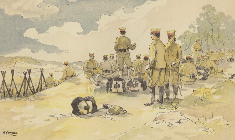 İmparatorluk Muhafızlarının bir Taburu, Liao-yang'a (chromolithho) giderken duruyor by Japanese School