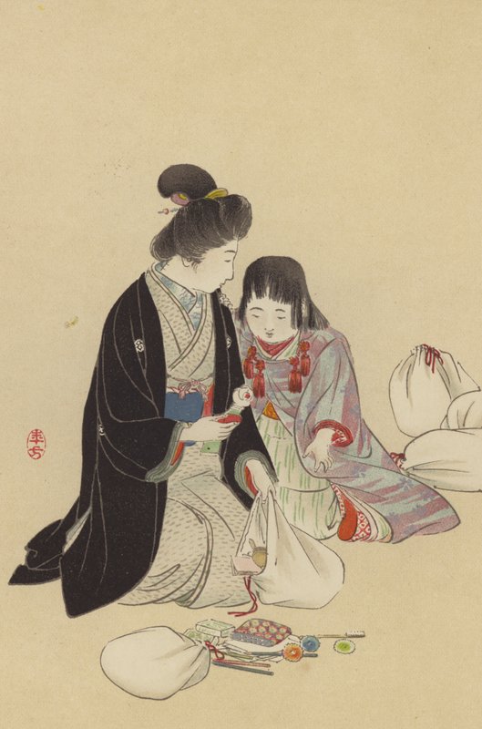 Bir Anne ve Kızı Cepheye gönderilecek Hediyeleri düzenliyor (kromolitho) by Japanese School