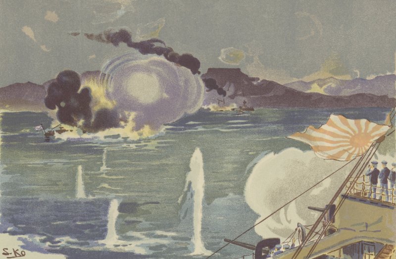 Port Arthur açıklarında batan bir Rus Gambotu (kromolitho) by Japanese School