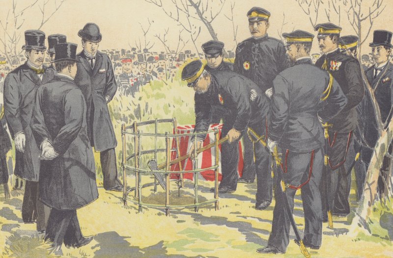 Amiral Togo, Port Arthur'un Düşüşünü Kutlama Hatırası için kendisine bir Defne ekiyor… (chromolitho) by Japanese School