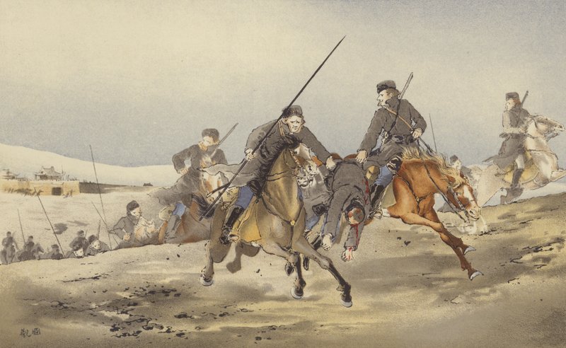 Yaralı (kromolitho) ile kaçan Kazaklar by Japanese School
