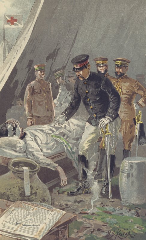 General Prens Fushimi, Şiddetli Nanshan Savaşı'ndan sonra Yaralı Bir Askeri teselli ederken (chromolitho) by Japanese School
